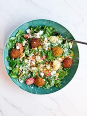 Simple and rich Kale Falafel Salad with Roasted Cauliflower